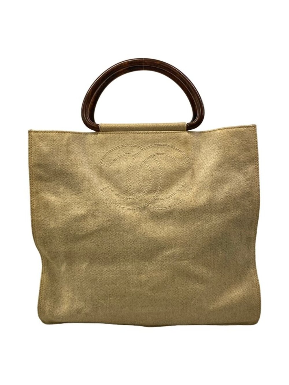 Chanel Tote Bag Ivory CC Logo Gold Wood Look Handle Lambskin